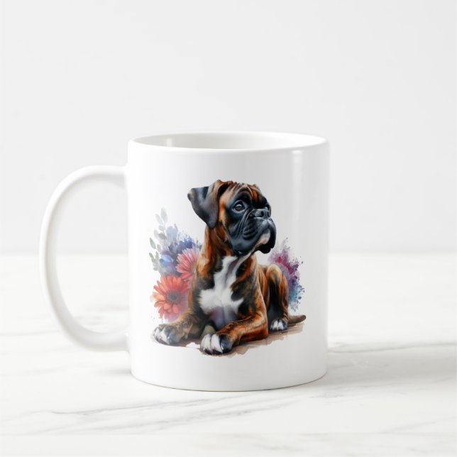 Taza De Café Perro Boxer entre las flores en acuarela (Izquierda)