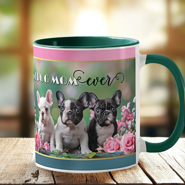 Taza De Café Perro Bulldog francés Lover (Mug featuring a painting of 3 French Bulldogs with pink roses. A great gift for a dog mom.)