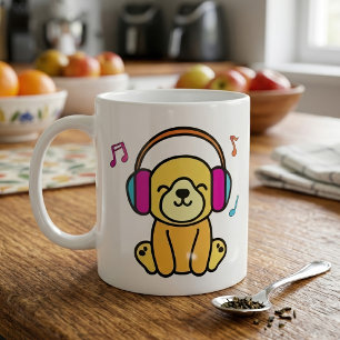 Taza De Café Perro cachorro Kawaii sonriendo con auriculares co