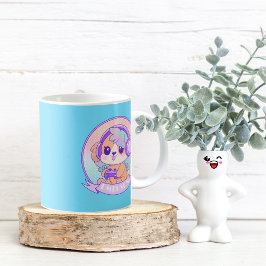 Taza De Café Perro Chica Kawaii Gamer en azul bebé con nombre