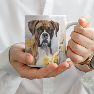 Taza De Café Perro Cute Boxer Con Daffodias Amarillas Acuarela