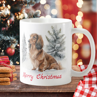 Taza De Café Perro Dachshund de Pelo Largo en la Nieve Feliz Na