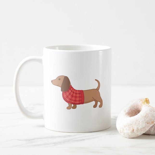 Taza De Café Perro Dachshund Wiener en un suéter (Con donut)