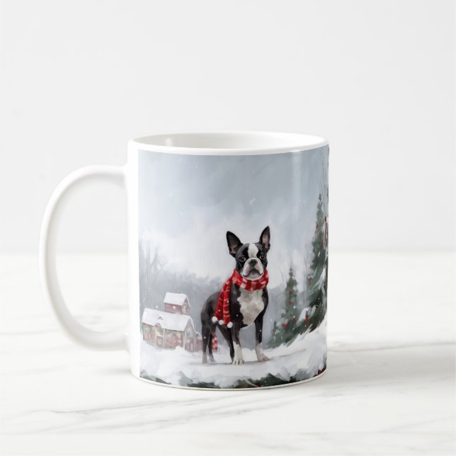 Taza De Café Perro de Boston Terrier en Navidades de Nieve (Izquierda)