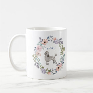 Taza De Café Perro de caniche el   gris floral de la acuarela