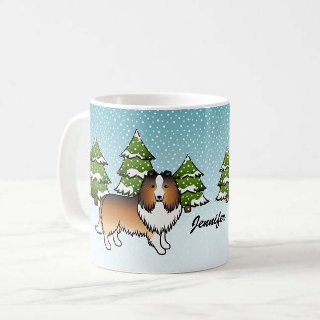 Taza De Café Perro de dibujos animados Sable Sheltie en inviern (Anverso izquierdo)