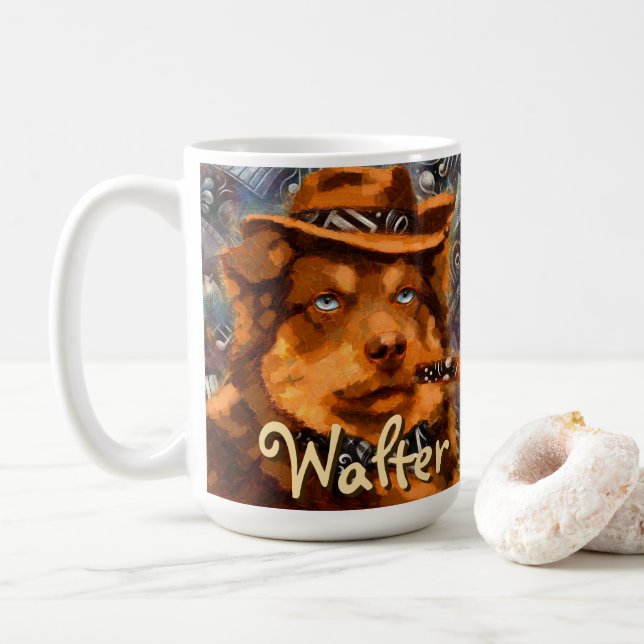 Taza De Café Perro de gangster guapo con ojos azules personaliz (Con donut)
