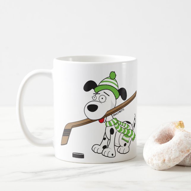 Taza De Café Perro de hockey Personalizado dulce, bufanda verde (Con donut)