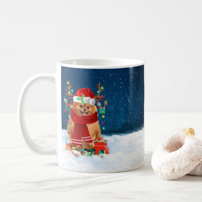 Taza De Café Perro de Pomerania con regalos de Navidades (Con donut)