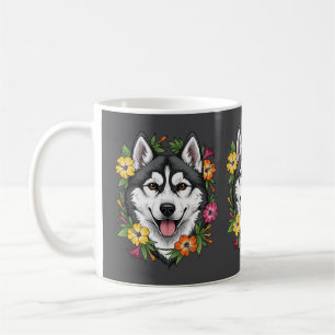 Taza De Café Perro de Trineo Husky y Flores Coloridas de Mirabl