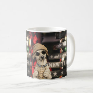 Taza De Café Perro divertido de Navidad bebiendo té de burbujas