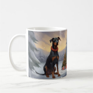 Taza De Café Perro Doberman en Navidad con nieve