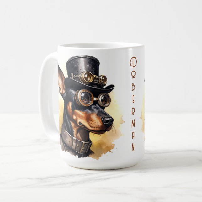 Taza De Café Perro Doberman Pinscher Steampunk (Anverso izquierdo)