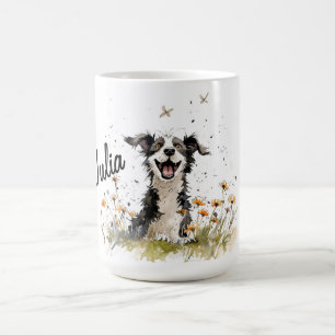 Taza De Café Perro dulce personalizado con flores silvestres