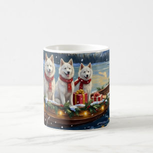 Taza De Café Perro esquimal americano blanco Navidad Barco Fies