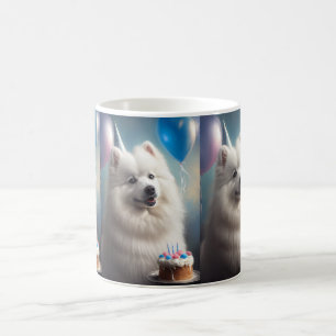 Taza De Café perro esquimal americano con globos cumpleaños