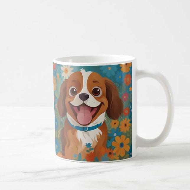 Taza De Café Perro feliz en un campo de flores (Derecha)