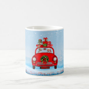 Taza De Café Perro Goldendoodle En Coche Con Santa Claus