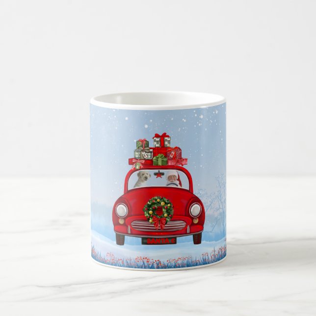 Taza De Café Perro Goldendoodle En Coche Con Santa Claus (Centro)