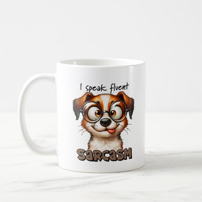 Taza De Café Perro gracioso que hablo tipografía fluida de sarc (Izquierda)
