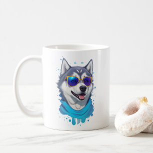 Taza De Café Perro Husky con vidrios de sol en salpicaduras lúg