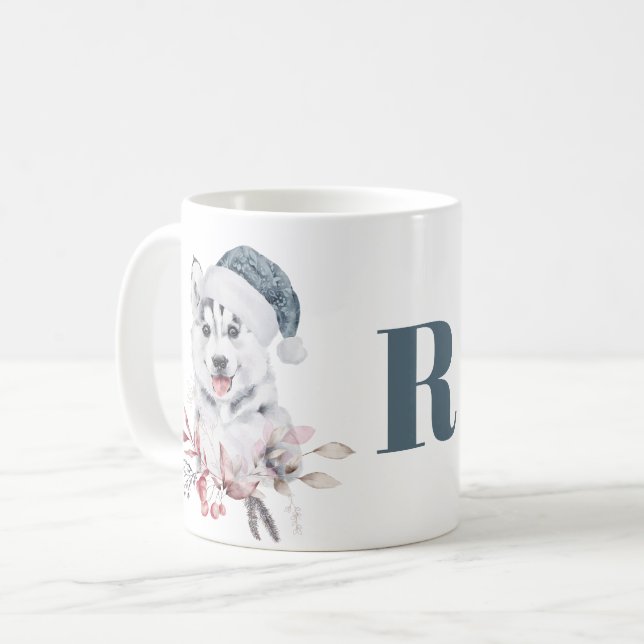 Taza De Café Perro Husky de Navidad con Monograma (Anverso izquierdo)
