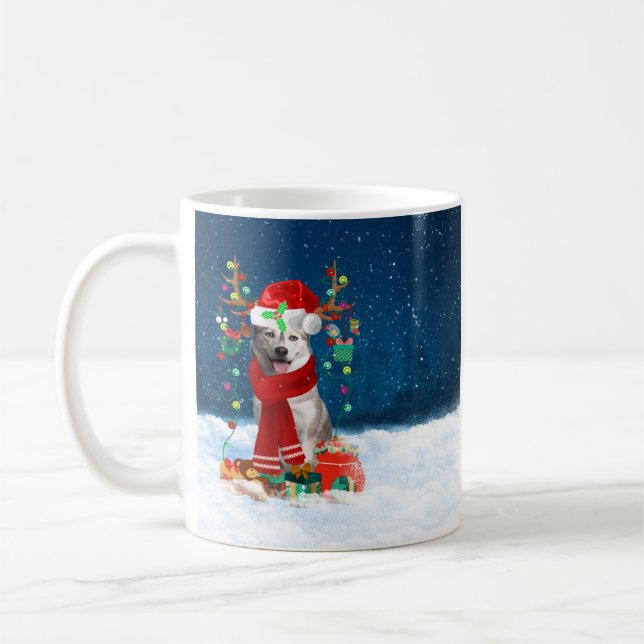 Taza De Café Perro Husky siberiano con regalos de Navidades (Izquierda)