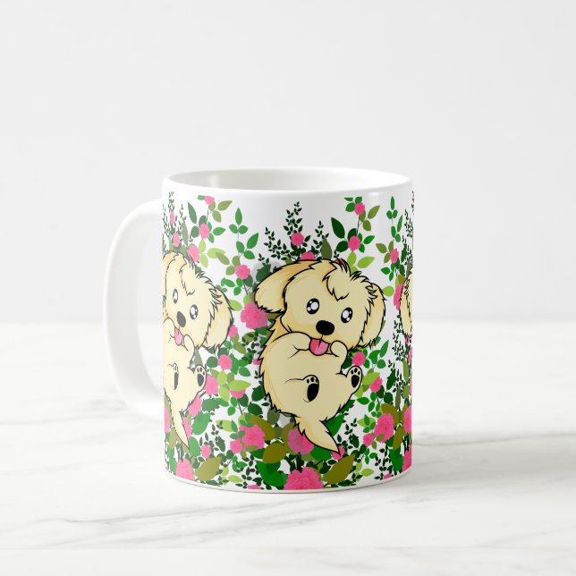 Taza De Café Perro juguetón con Rosas de jardín y flores natura (Anverso izquierdo)