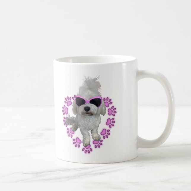 Taza De Café Perro maltés adorable con gafas de sol rosadas (Derecha)