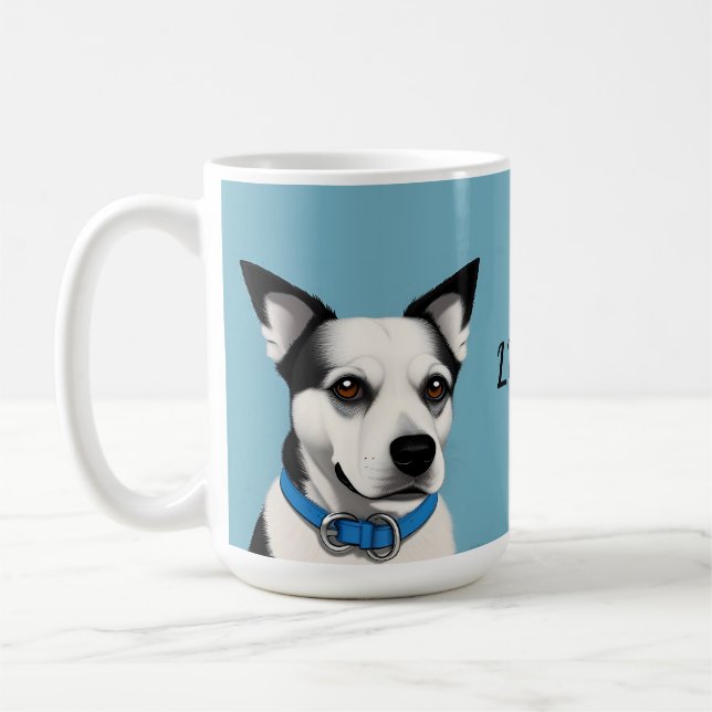 Taza De Café Perro negro y blanco con collar azul (Izquierda)