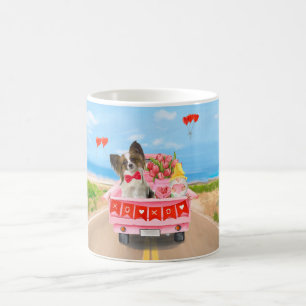 Taza De Café Perro Papillon Camión de corazones del día de San