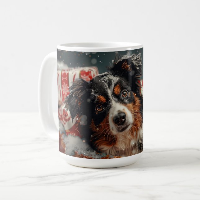 Taza De Café Perro Pastor Australiano Fiesta de Navidad (Anverso izquierdo)