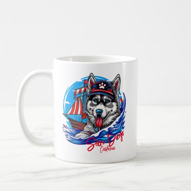 Taza De Café Perro Patriótico Marítimo Husky Malamute, San Dieg (Izquierda)