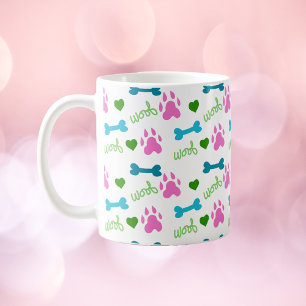 Taza De Café Perro Paw Bone Heart Woof Pattern Pink