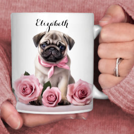 Taza De Café Perro personalizado de las rosas rosadas de la pug