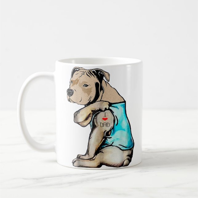 Taza De Café Perro Pitbull Amo A Papá Tattoo Familia Funny (Izquierda)