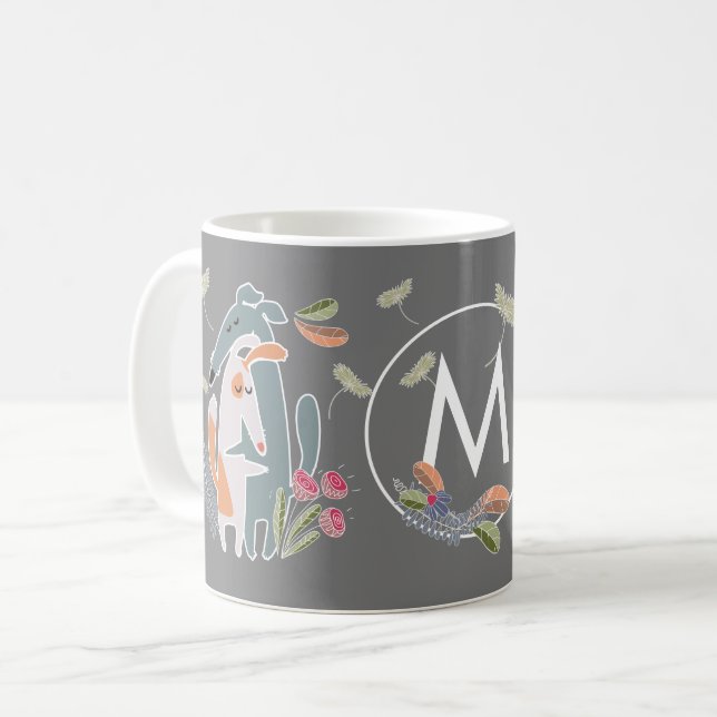 Taza De Café Perro podenco monograma y gris Personalizado galgo (Anverso izquierdo)