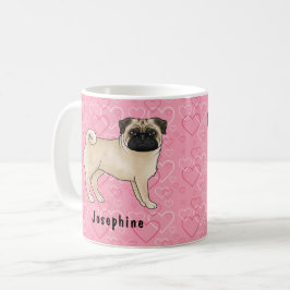 Taza De Café Perro Pug Cervato Cute Mops y Corazones Rosados co
