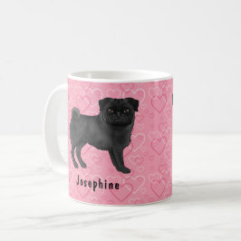 Taza De Café Perro Pug Negro Corazones Rosas y Fregonas Con Nom