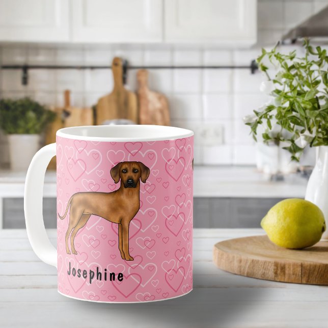 Taza De Café Perro Ridgeback Rodesiano Sobre Corazones Rosas Co (Please note: This image is a digital mockup. The product may not be in scale.)