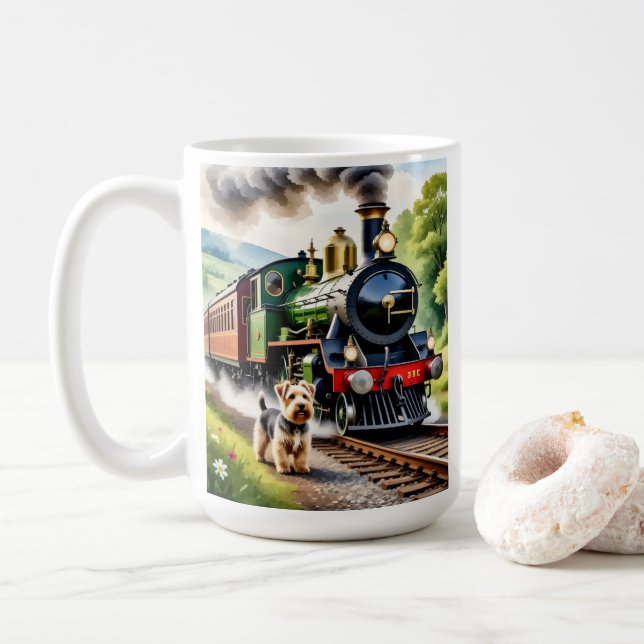 Taza De Café Perro saludando tren de vapor (Con donut)