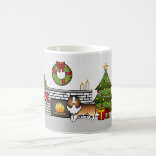 Taza De Café Perro Shetland Sheepdog Sable En Una Sala De Navid