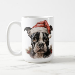 TAZA DE CAFÉ PERRO TERRIER BOSTON DE NAVIDAD EN ACUARELA