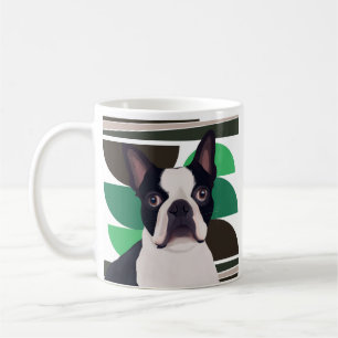 Taza De Café Perro Terrier de Boston - Geométrica Verde Oscuro