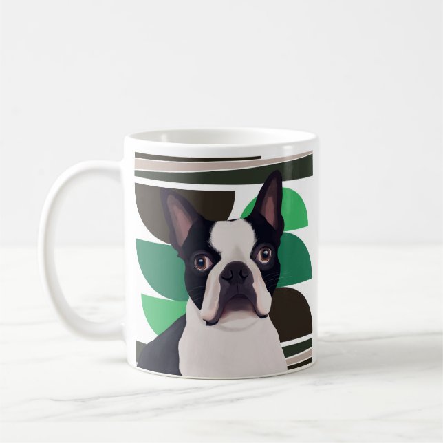 Taza De Café Perro Terrier de Boston - Geométrica Verde Oscuro (Izquierda)