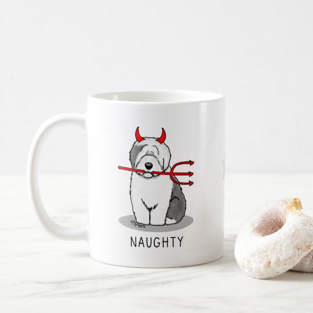 Taza De Café Perro travieso viejo inglés malvado (gris 1) (Con donut)