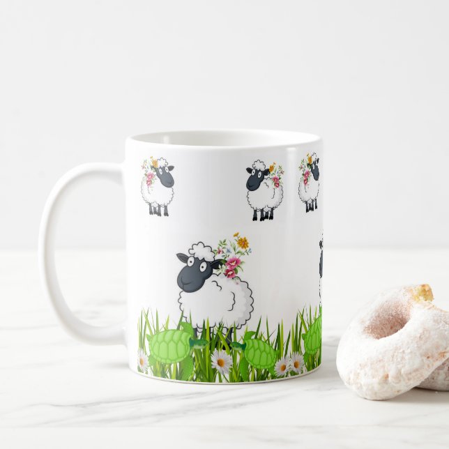 Taza De Café Perro verde tortuga Floral Mug (Con donut)