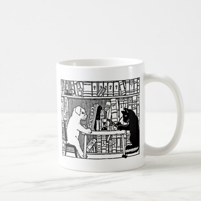 Taza De Café Perro y gato en la biblioteca (Derecha)