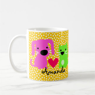 Taza De Café Perro y gato y corazón lindos