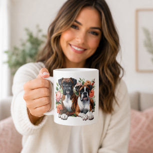 Taza De Café Perros Boxer Y Flores